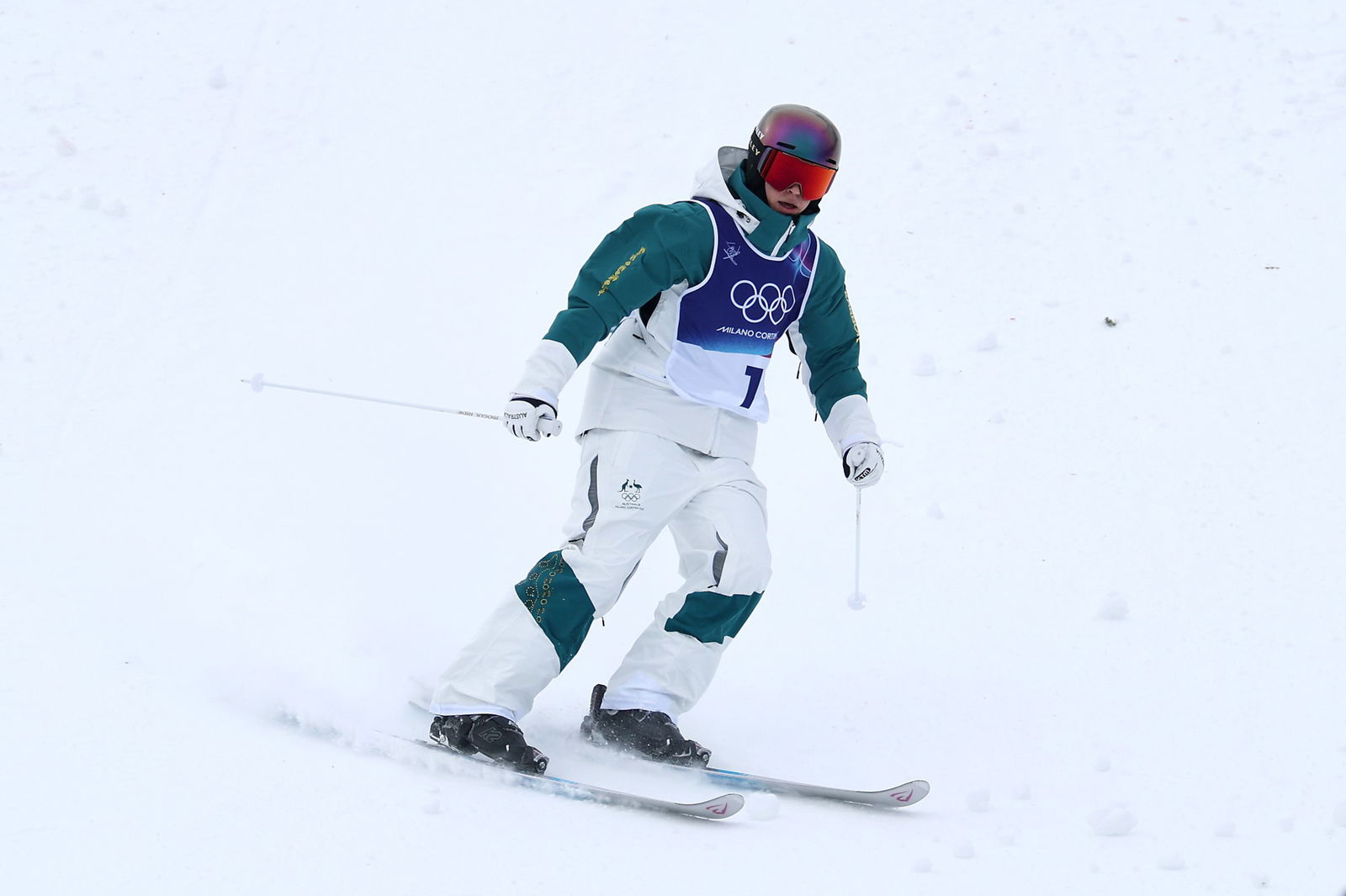 Jakara Anthony of Team Australia competes in Women's Moguls Qualification 1 on day four of the Milano Cortina 2026 Winter Olympic games at Livigno Air Park on February 10, 2026 in Livigno, Italy. 