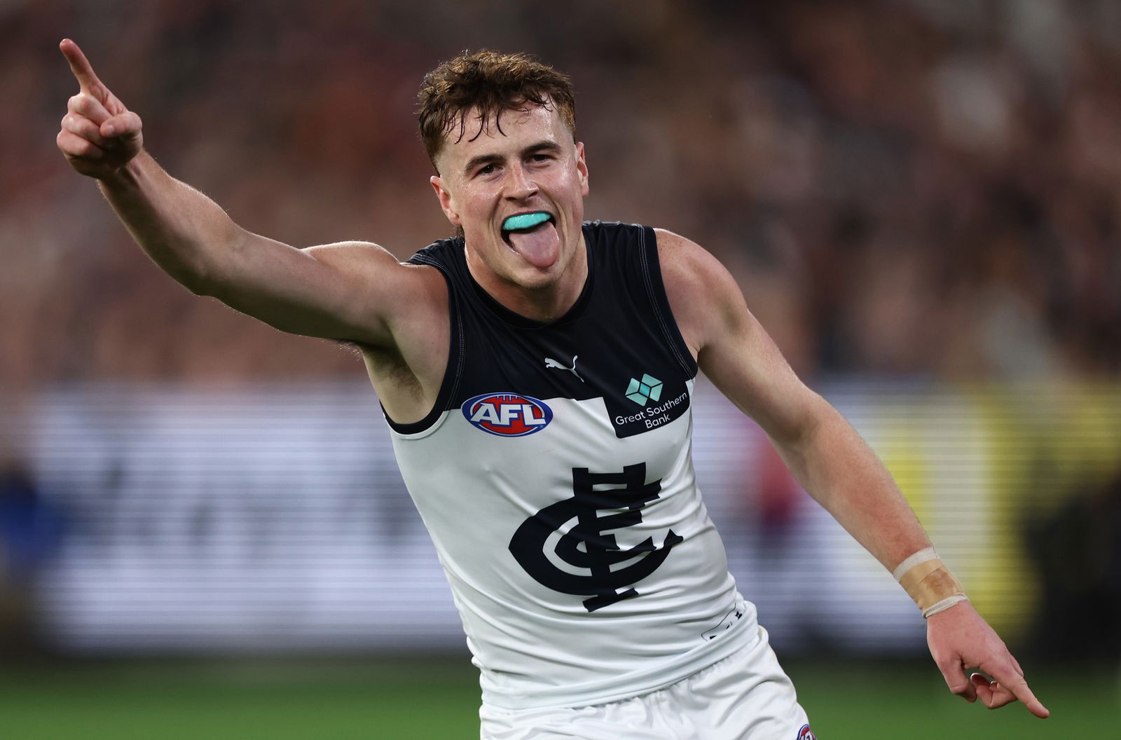 Jaxon Binns kicked one of Carlton's four first-quarter goals against St Kilda at the MCG.