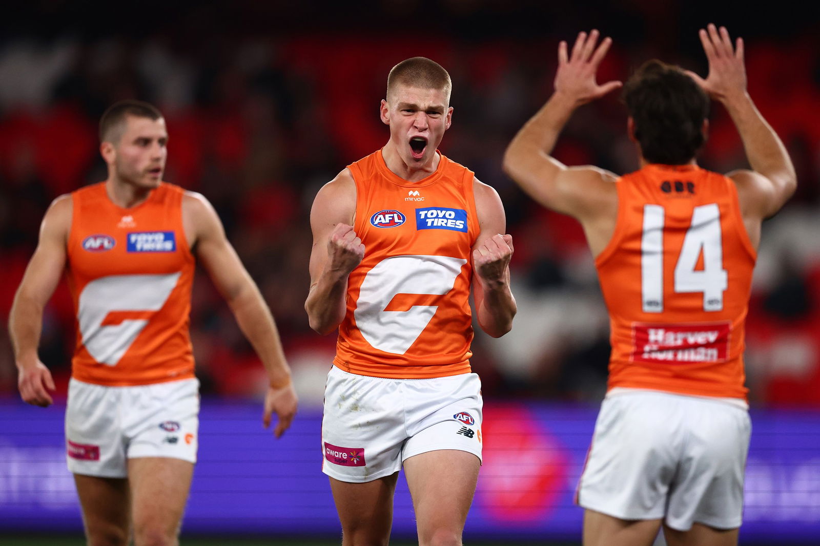 Max Grezewski celebrates a goal for GWS against Essendon at Docklands on July 17, 2025.