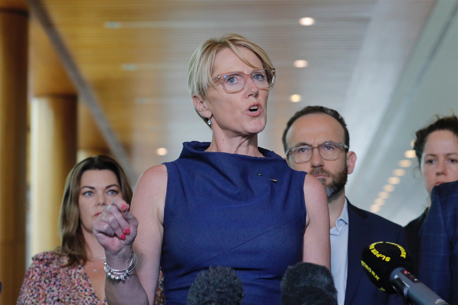Zoe Daniel speaking at a Parliament House press conference.
