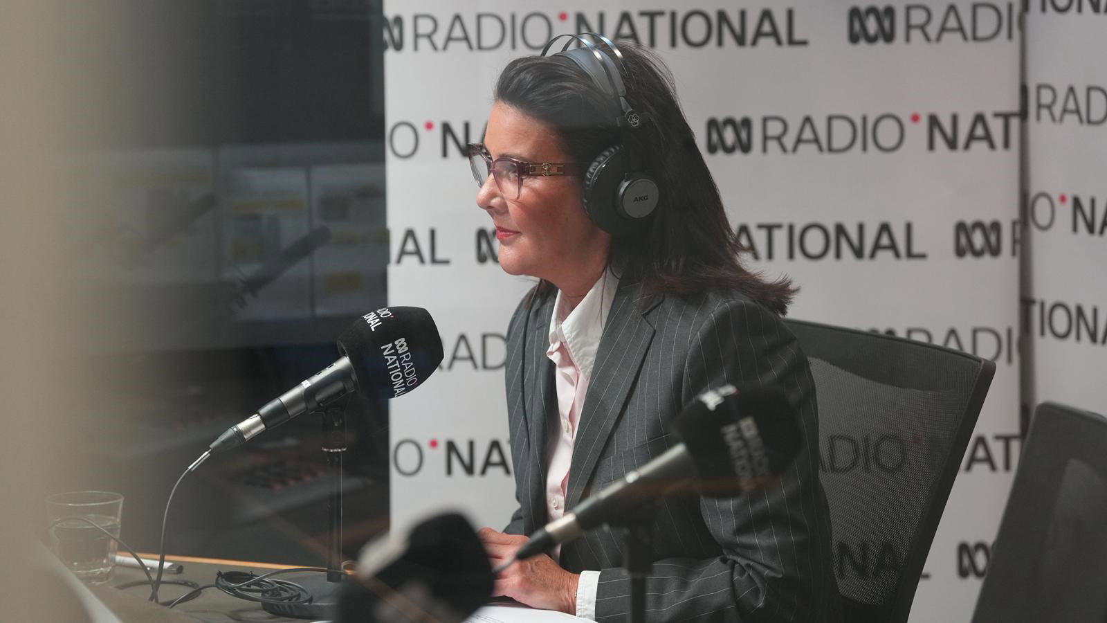 Jane Hume sits in the ABC radio studio for an interview.