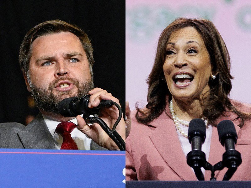 Close-up pictures of JD Vance and Kamala Harris speaking