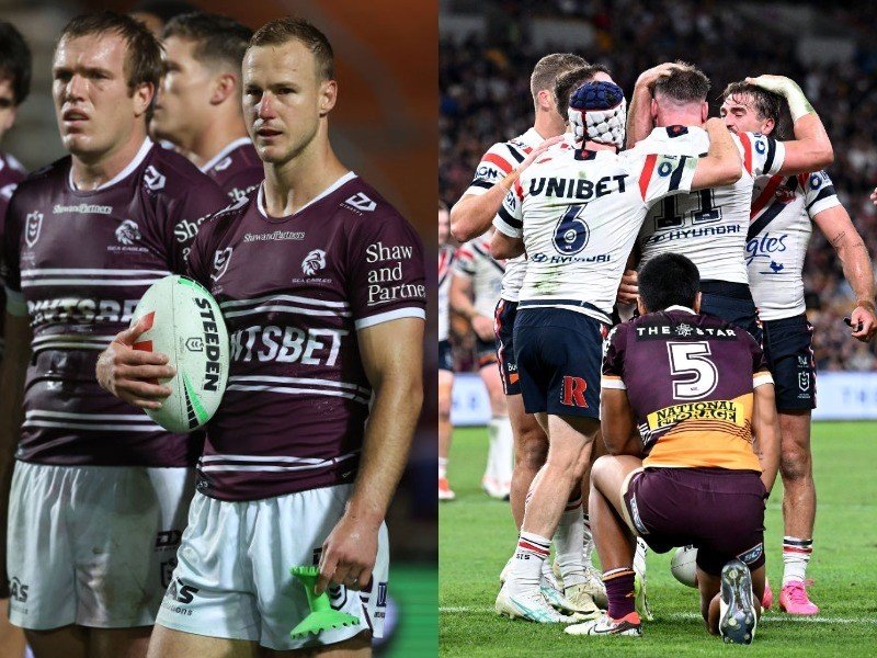 Manly players stand during an NRL game and the Roosters congratulate each other in a composite image.