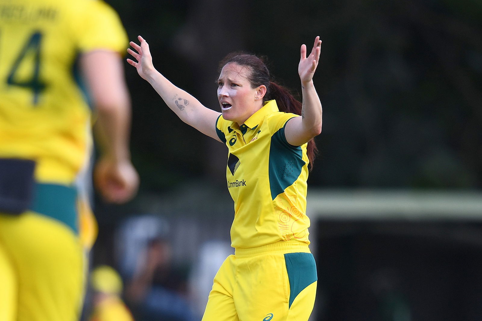Megan Schutt of Australia appeals a successful wicket during the first ODI match between Australia Women and India Women at Allan Border Field in Brisbane