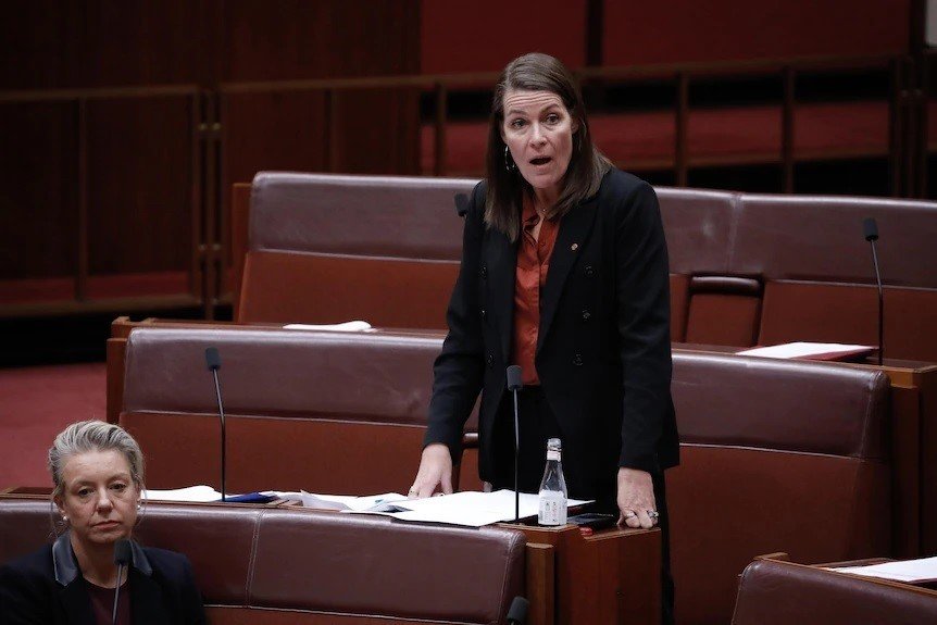 A middle-aged woman in a suit stands and speaks in a dark red chamber of parliament.