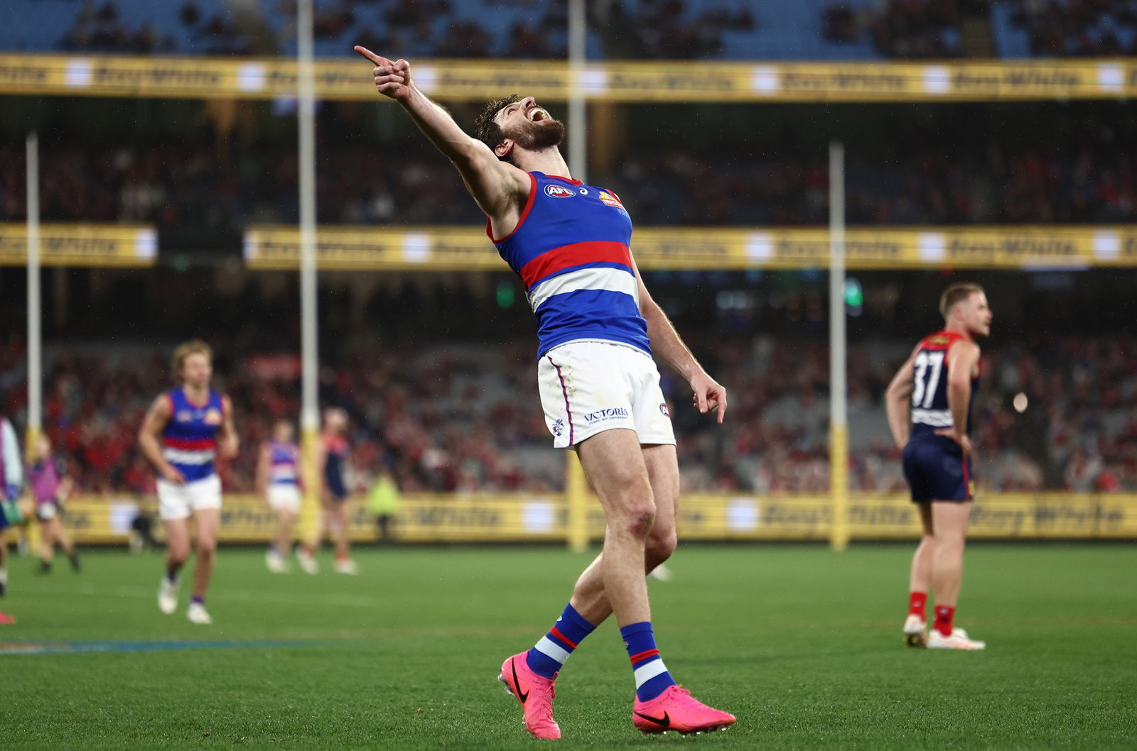 Marcus Bontempelli of the Bulldogs celebrates a goal during the 2026 AFL Round 24 match between the Melbourne Demons and the Western Bulldogs at the Melbourne Cricket Ground on August 22, 2026 in Melbourne, Australia.