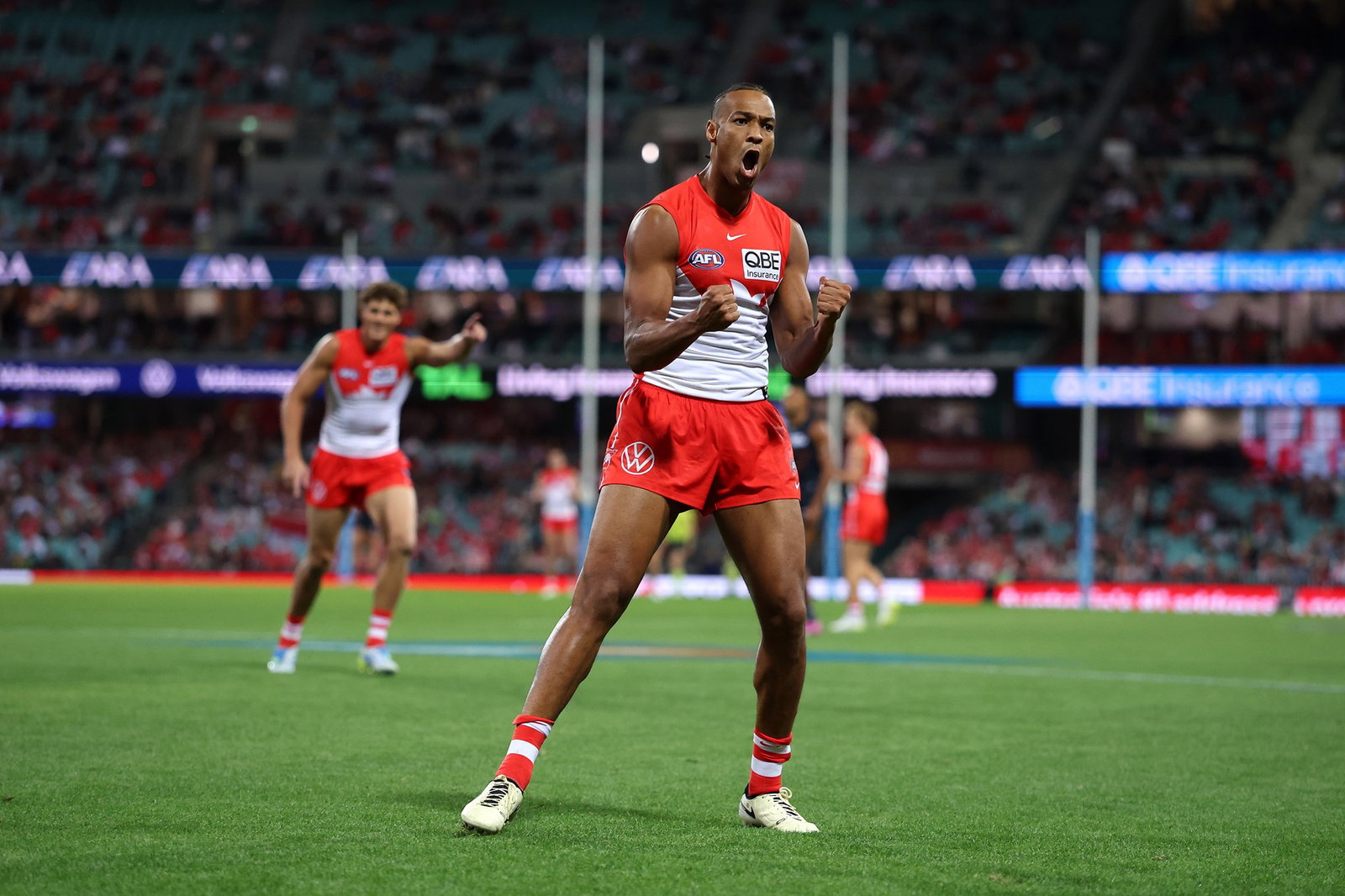 Joel Amartey of the Swans celebrates kicking a goal during the round six AFL match between Sydney Swans and Greater Western Sydney Giants at SCG, on April 17, 2026, in Sydney, Australia.