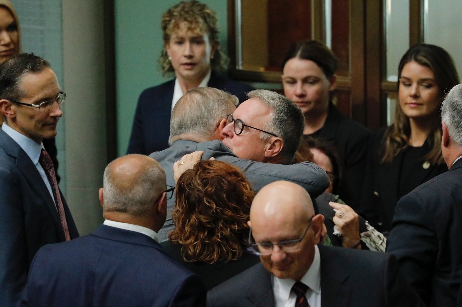 Prime Minister Anthony Albanese and Joel Fitzgibbon hug.