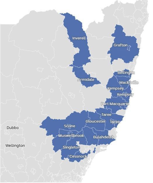 Map of NSW showing coastal regions affected by flooding in blue