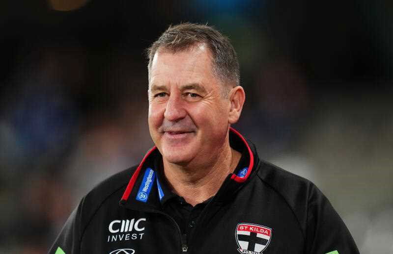 Ross Lyon, Senior Coach of the Saints looks on during the Round 21 match between the St Kilda Saints and the North Melbourne Kangaroos at Docklands in Melbourne, Sunday, August 3, 2025.