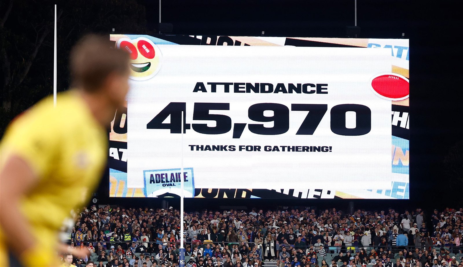 The attendance is seen on the big screen at Adelaide Oval.