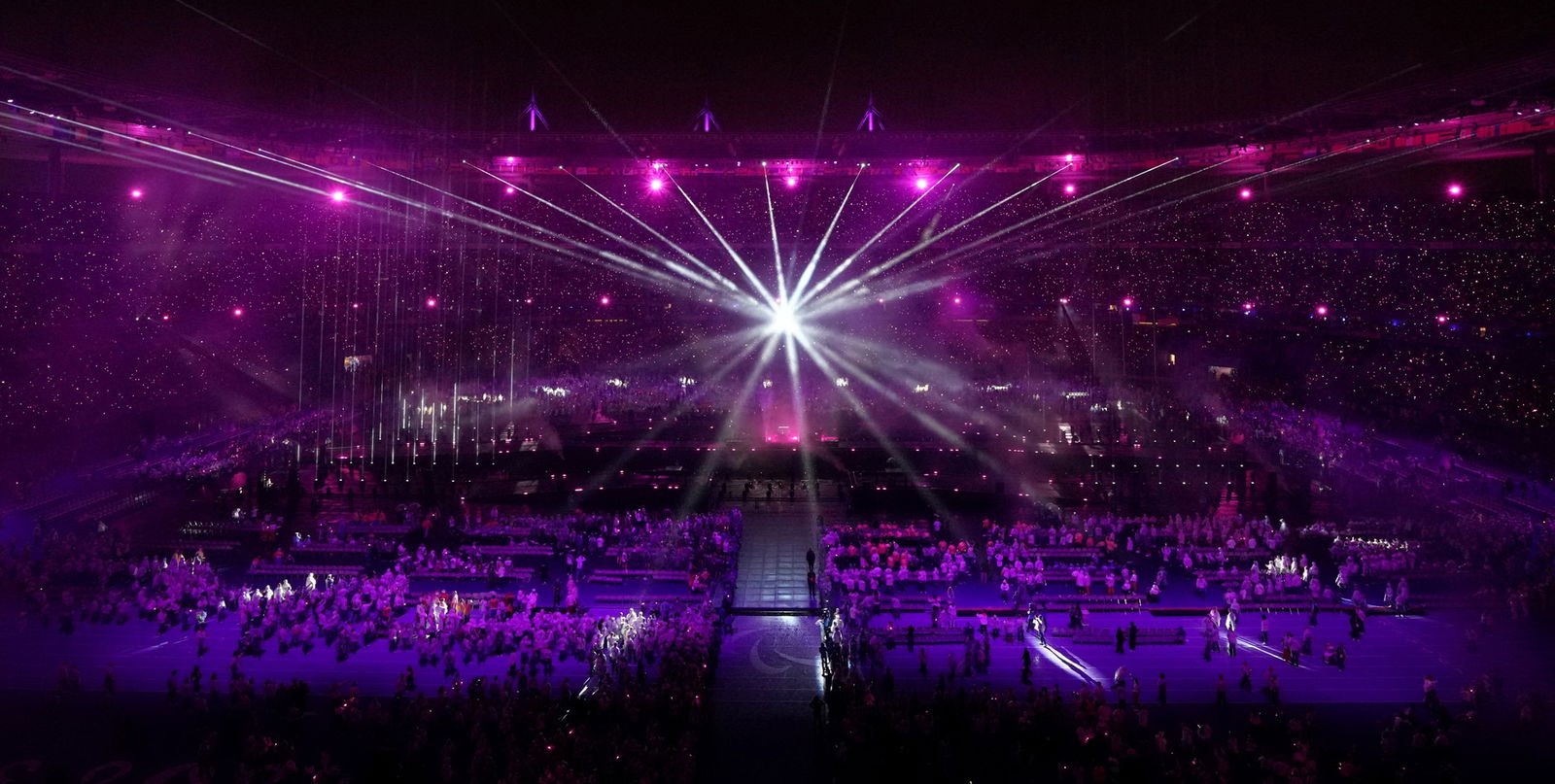 A wide shot of Jean-Michel Jarre performing at the Paralympic closing ceremony