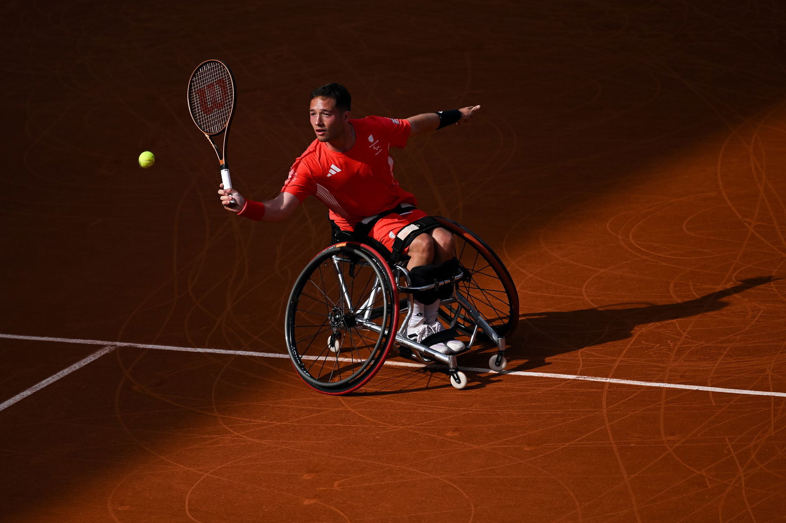 Alfie Hewett of Great Britain in action in the Men's Wheelchair Tennis Singles third round match in Paris.