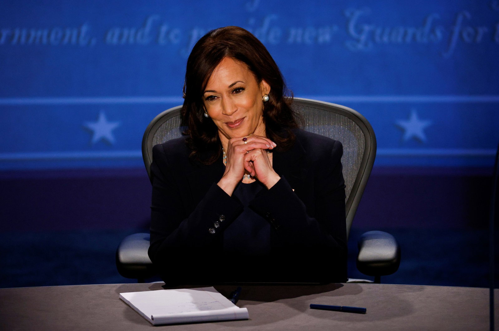 Harris smiles during a debate
