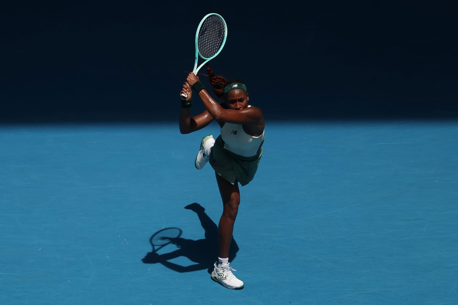 Coco Gauff of the United States plays a backhand.