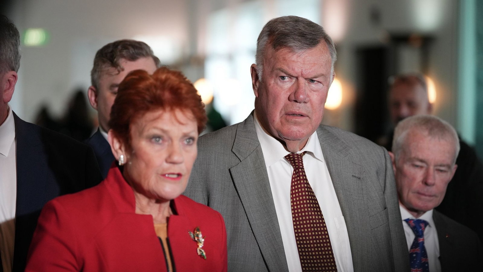 Pauline Hanson and David Farley speak at a press conference.