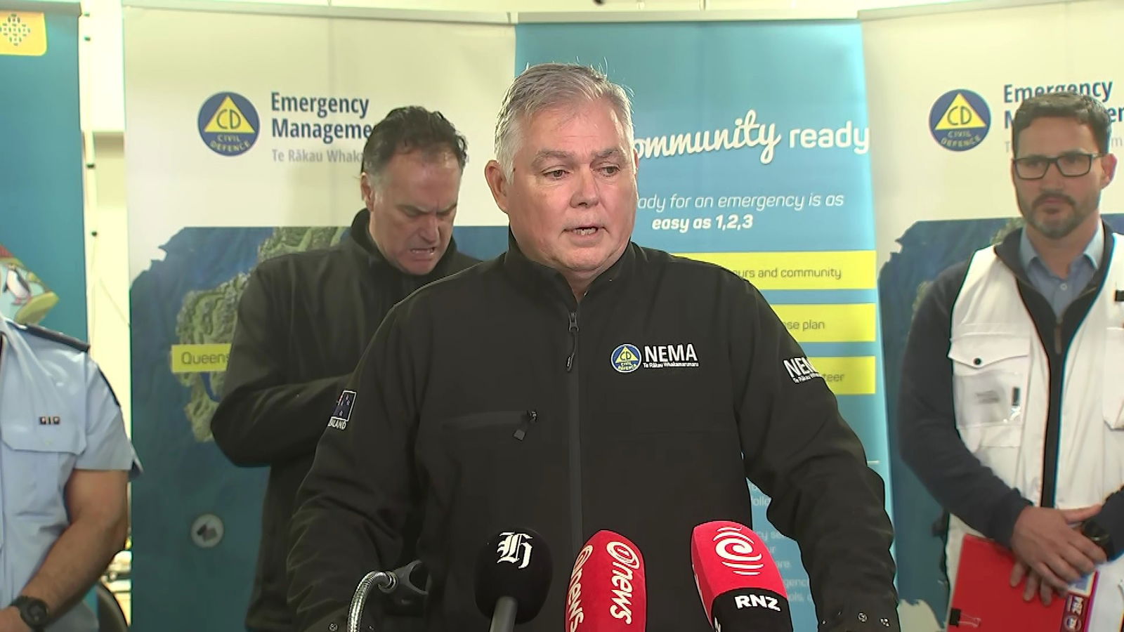 Emergency Management Minister Mark Mitchell, Dunedin Mayor Jules Radich and Group Controller Chris Henderson speak from Dunedin. 