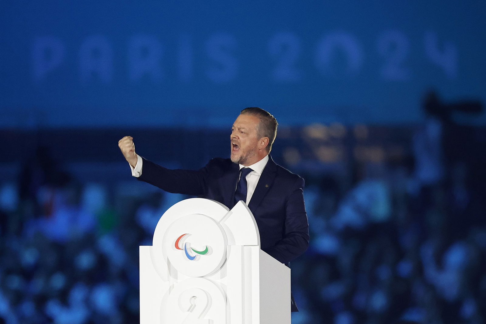 IPC president Andrew Parsons speaks at the Opening Ceremony in Paris.