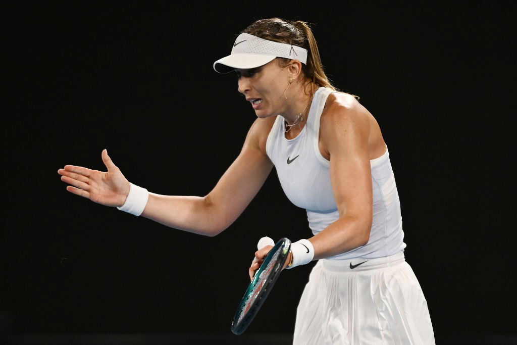 Paula Badosa gesticulates during an Australian Open match.