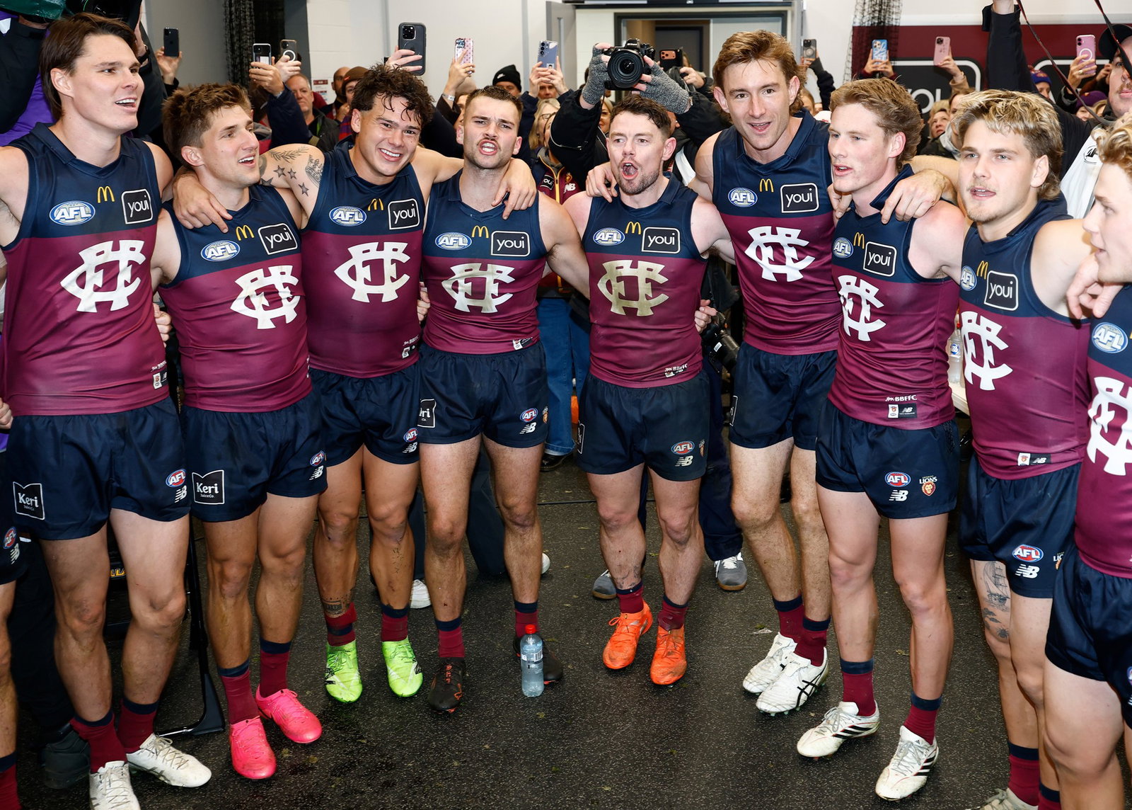 The Lions sing the team song during the 2026 AFL Round 17 match between the Geelong Cats and the Brisbane Lions on July 2, 2026 in Geelong, Australia.