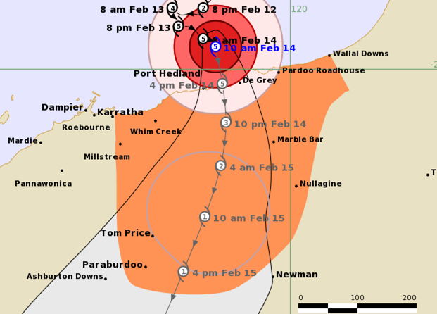 A cyclone forecast track map showing the Pilbara coast.