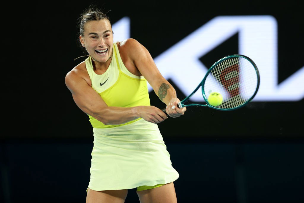 Aryna Sabalenka hits a backhand at the Australian Open..