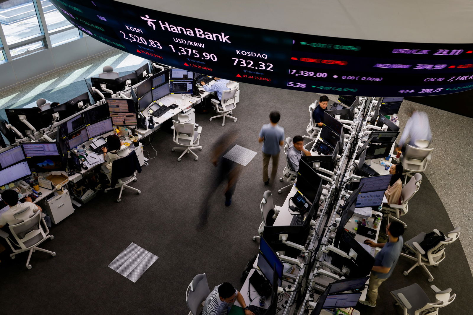 rows of people at desks below a curved screen showing currently rates for USD and Korean won