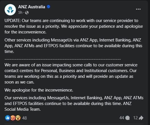 A screenshot of a Facebook post from ANZ Australia with a black background and white text acknowledging and outage and stating the rest of its services are still available.