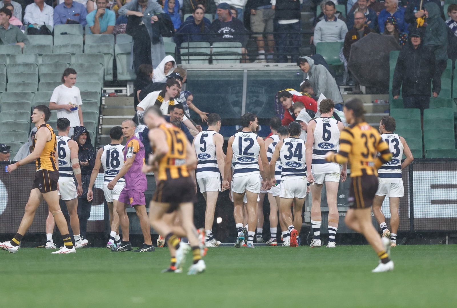 Geelong and Hawthorn players leave the field