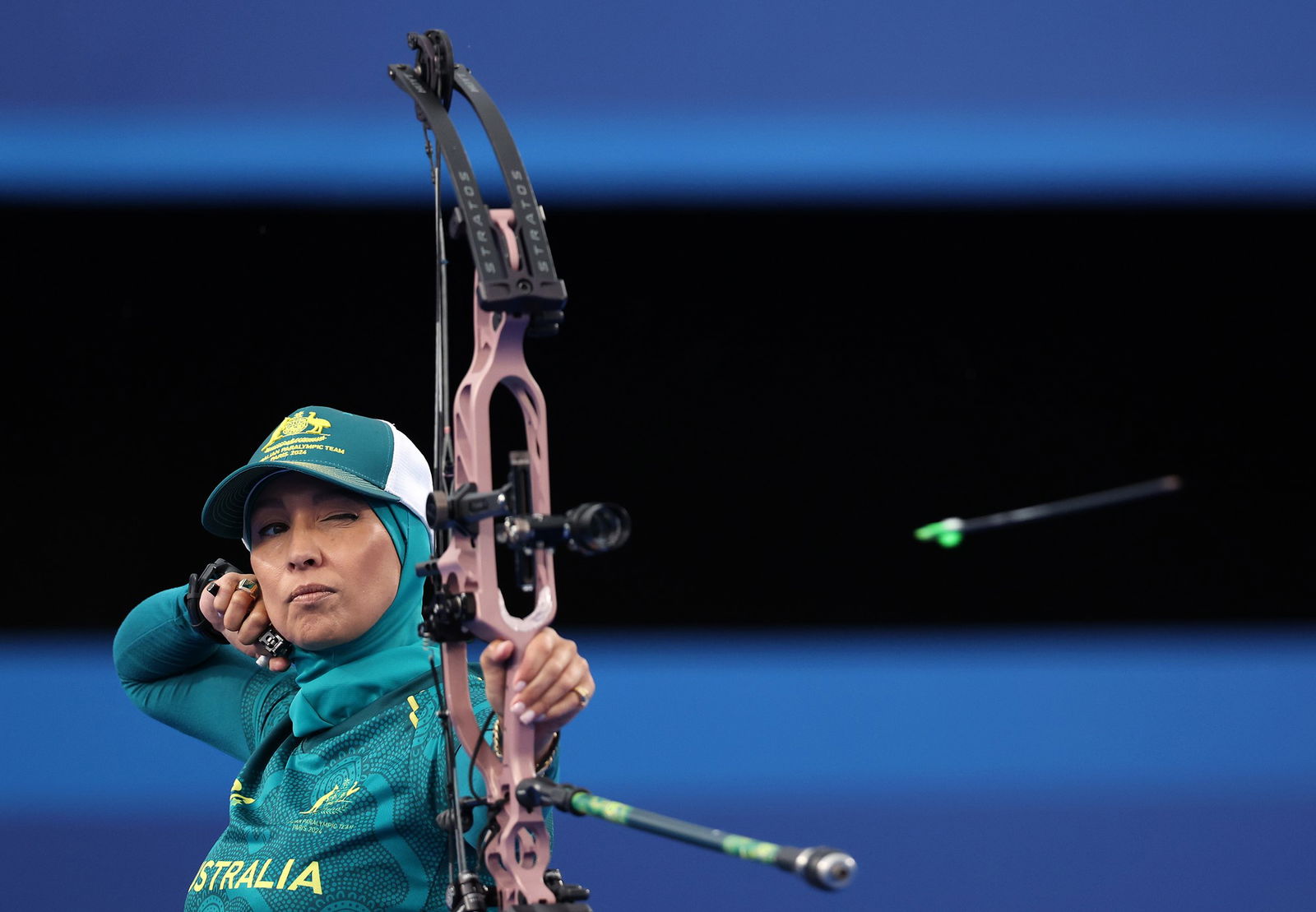 Australia's Ameera Lee releases an arrow in the women's individual compound open 1/16 elimination round in Paris.