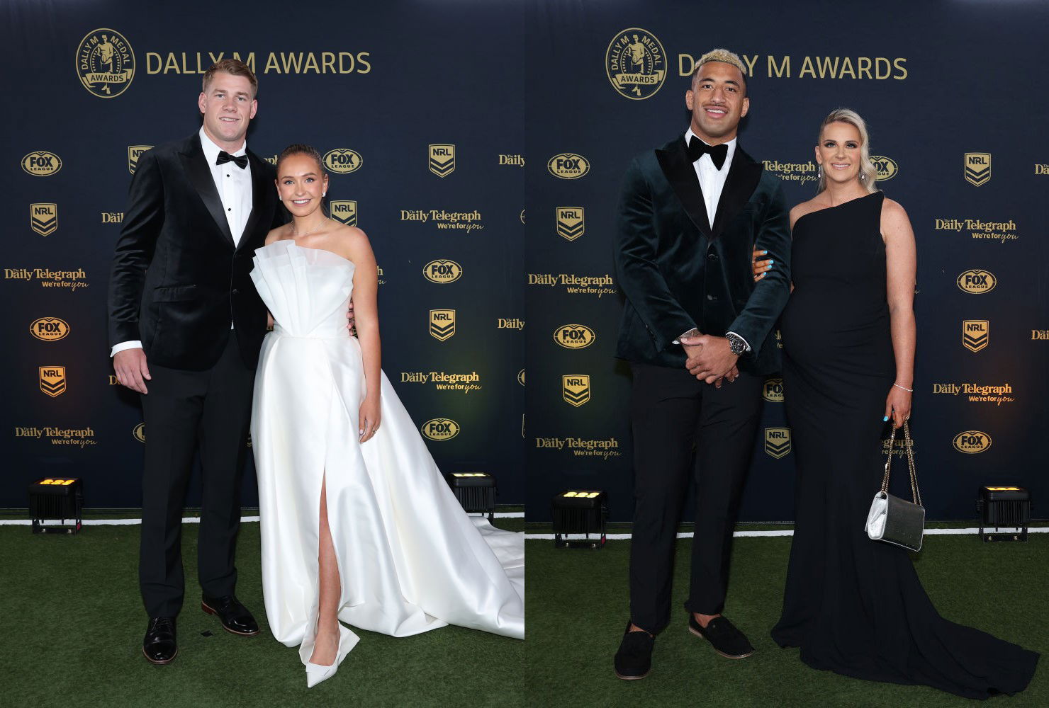 Composite image of Matt Burton and Viliame Kikau with their partners at the Dally M Awards.