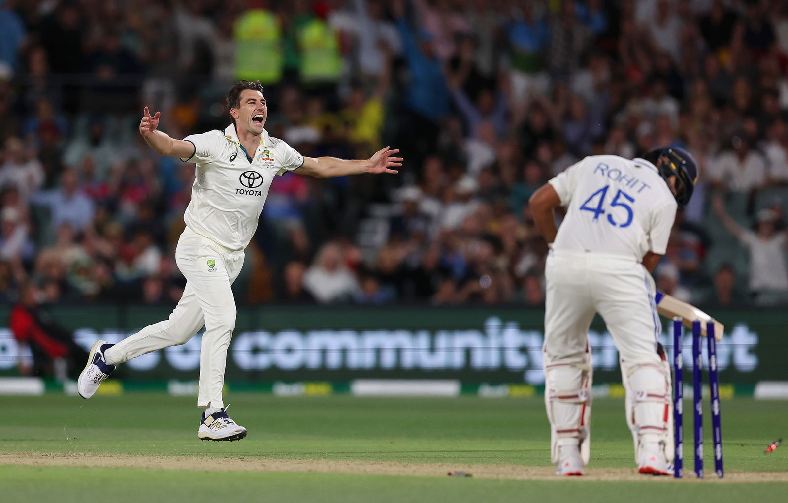 Pat Cummins removed his opposite number Rohit Sharma late on day two.