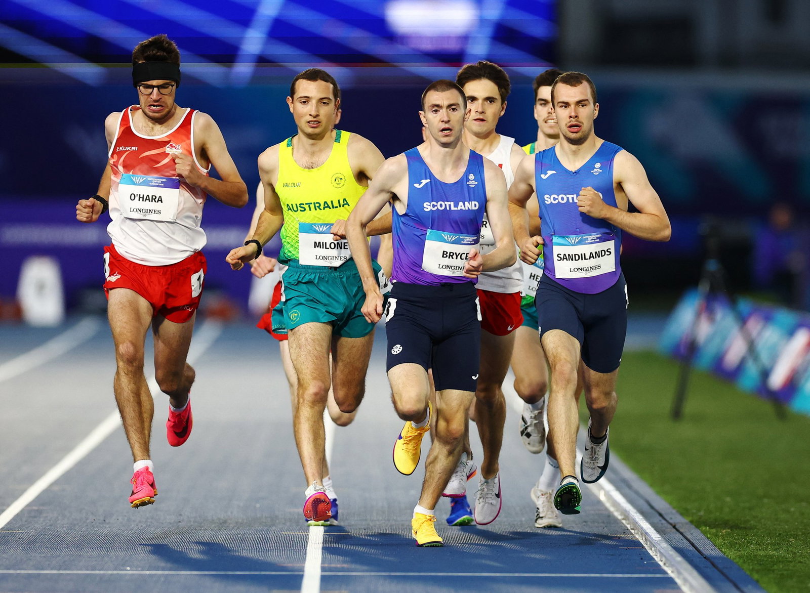 Scotland's Steven Bryce, England's Kieran O'Hara, Australia's Daniel Milone and Scotland's Ben Sandilands in action during the men's 1500m t20 final