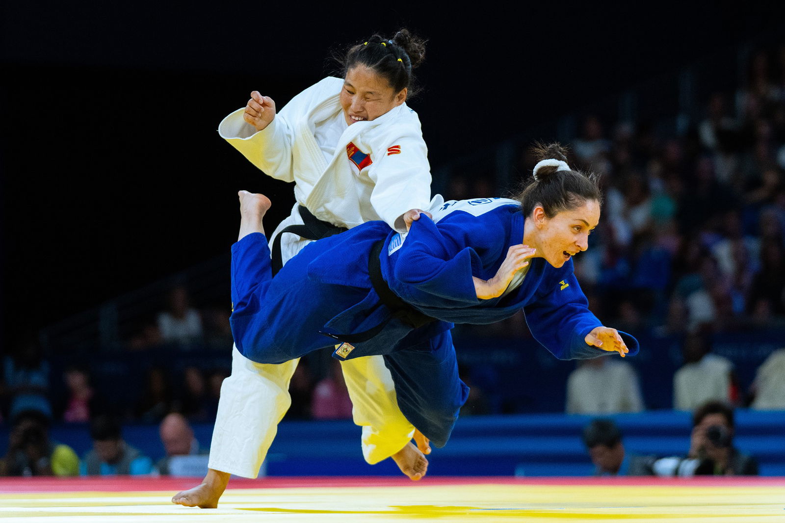 Theodora Paschalidou of Team Greece (R) and Turuunaa Lkhaijav of team Mongolia (L) compete during the Para Judo Women's -70 Kg J1 Bronze contest.