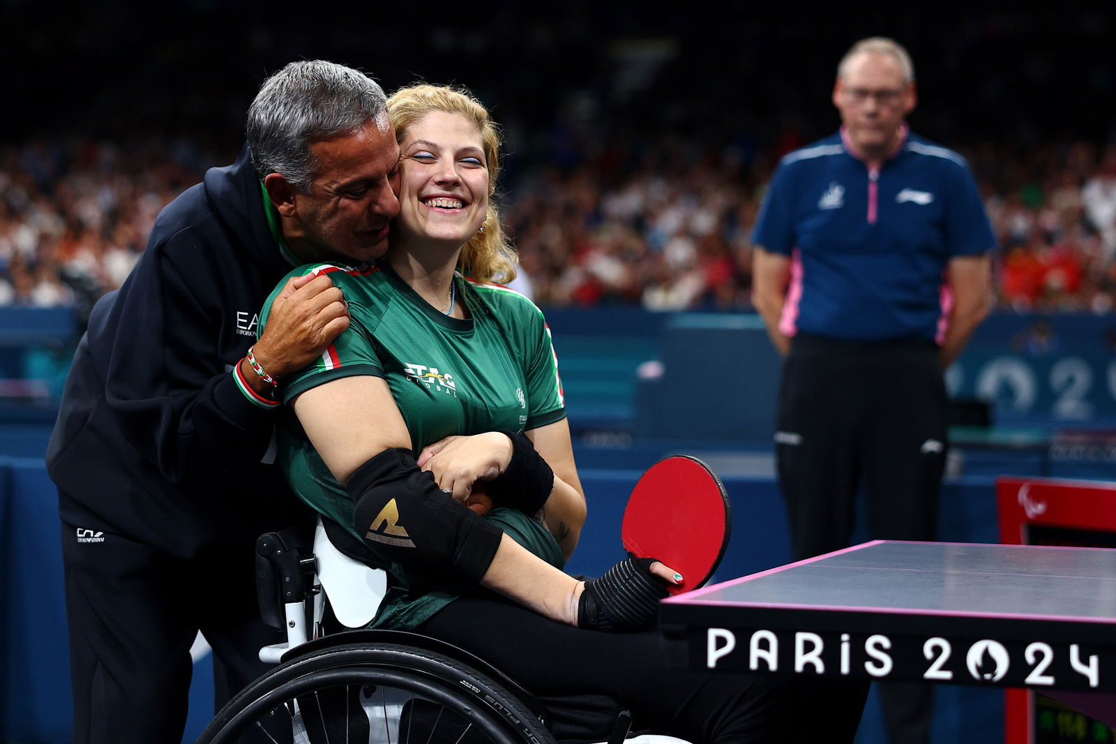 Italy's Giada Rossi celebrates her win in the women's singles WS1-2 gold medal game in para table tennis in Paris.