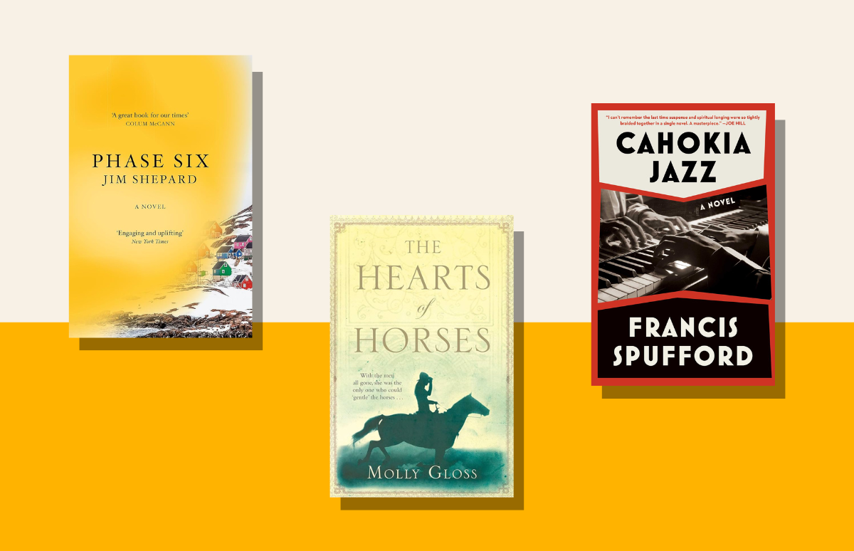 Three book covers, one yellow with a snowy image of houses, the other a silhouette of a person on a horse, the last a black and white image of someone playing piano.