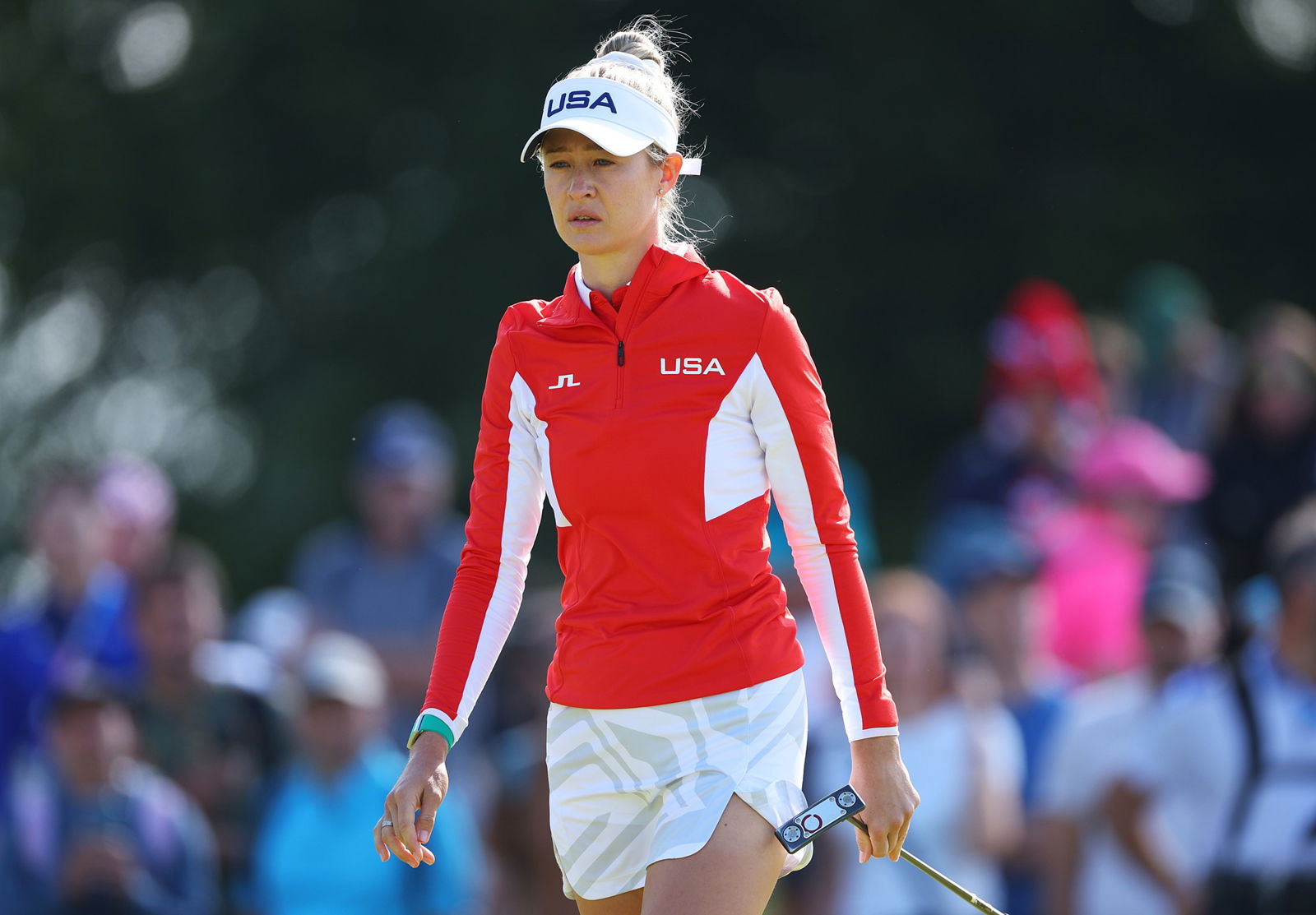 Nelly Korda of Team United States looks across the third green during Day One of the Women's Individual Stroke Play on day twelve of the Olympic Games Paris 2024