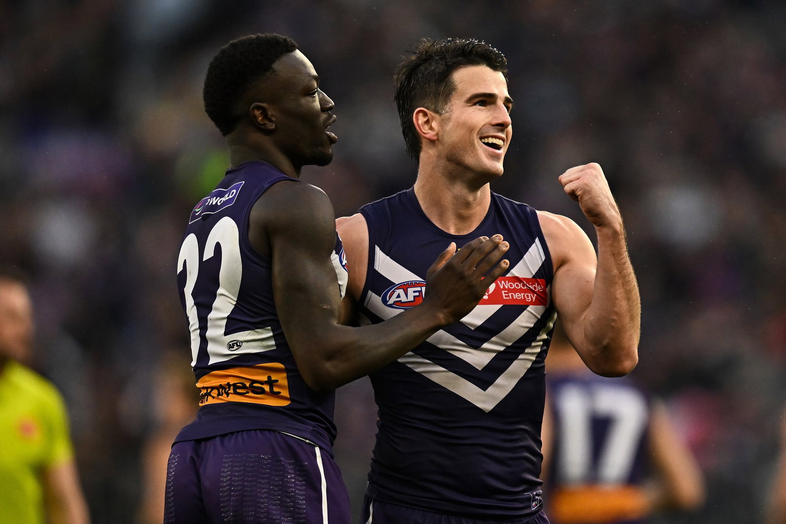 Andrew Brayshaw of the Dockers celebrates a goal during the 2026 AFL Round 16 match between the Fremantle Dockers and the Gold Coast Suns at Perth Stadium on June 28, 2026 in Perth, Australia.