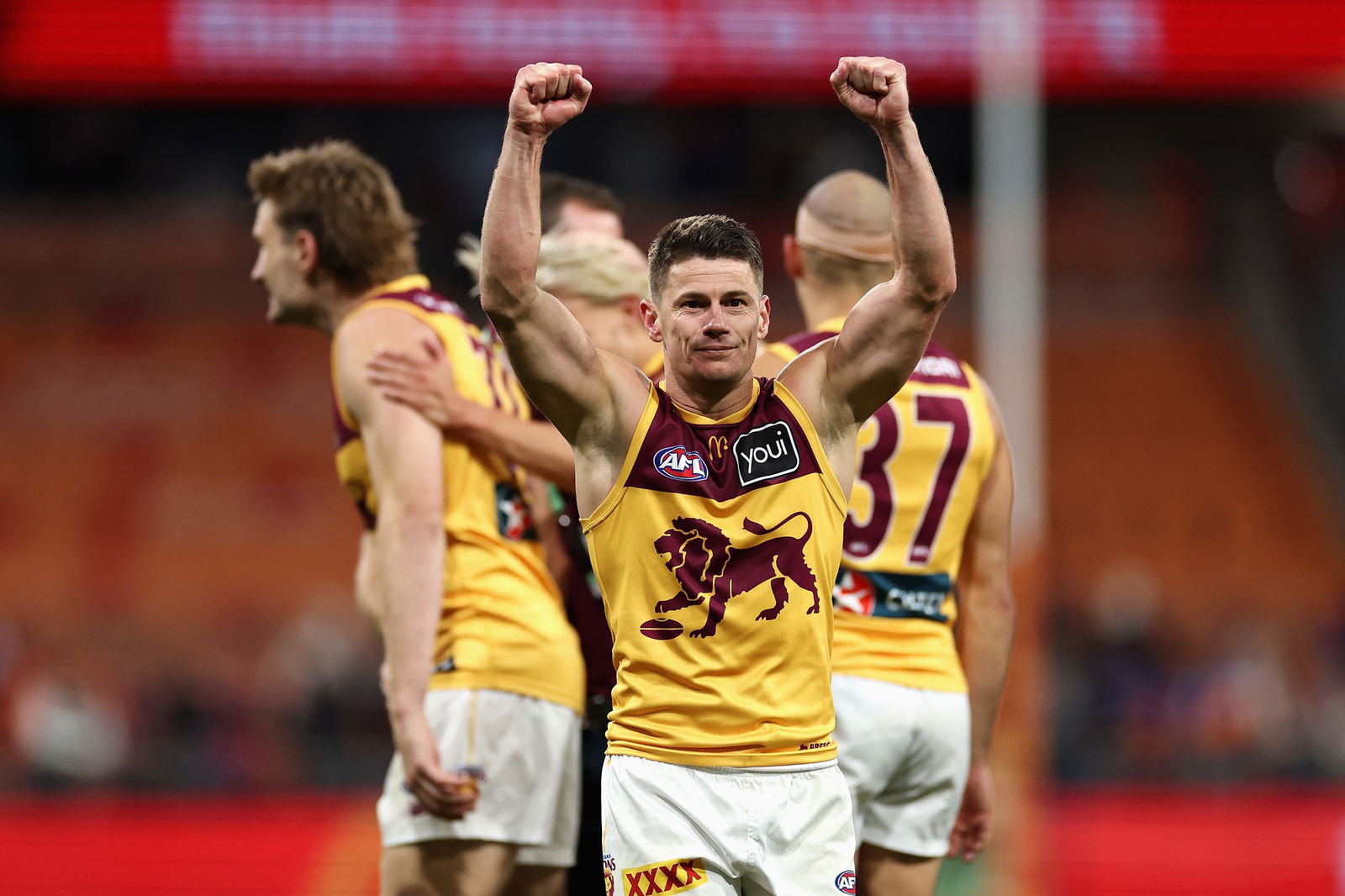 Brisbane veteran Dayne Zorko celebrates after the final siren.