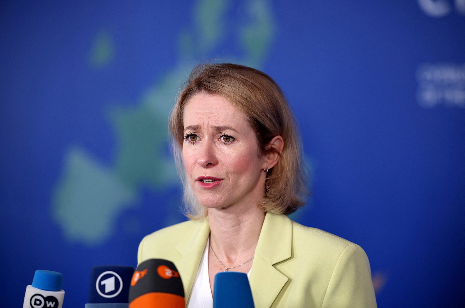 Kaja Kallas speaking at a press conference.