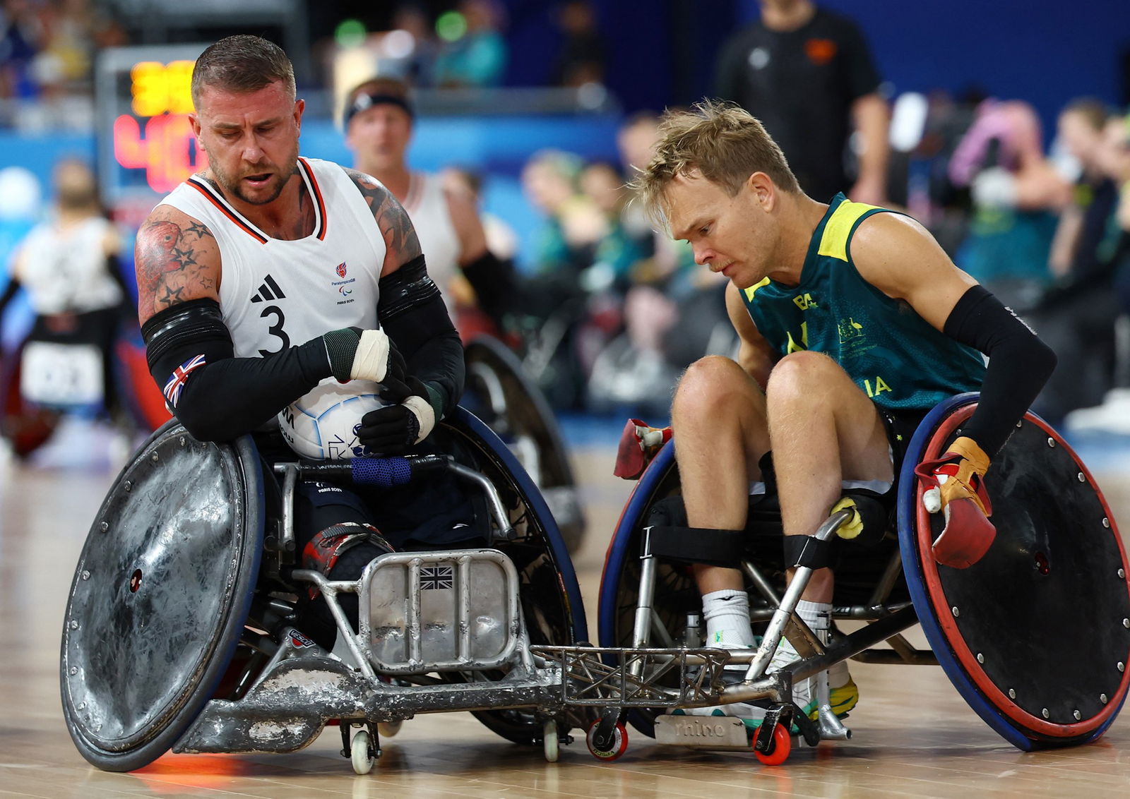 Great Britain plays Australia in Paralympic wheelchair rugby.