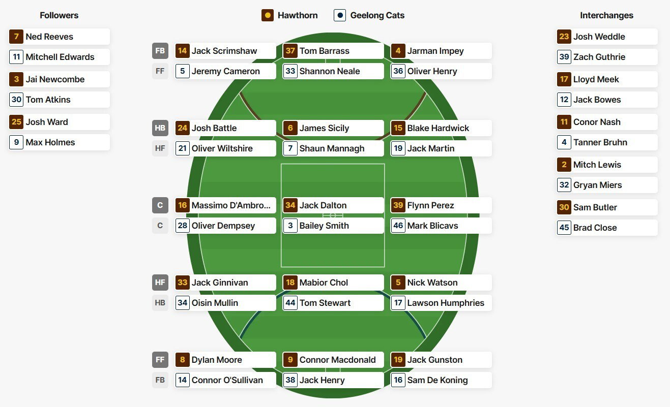 Hawthorn and Geelong's team line-ups for the Easter Monday clash at the MCG.