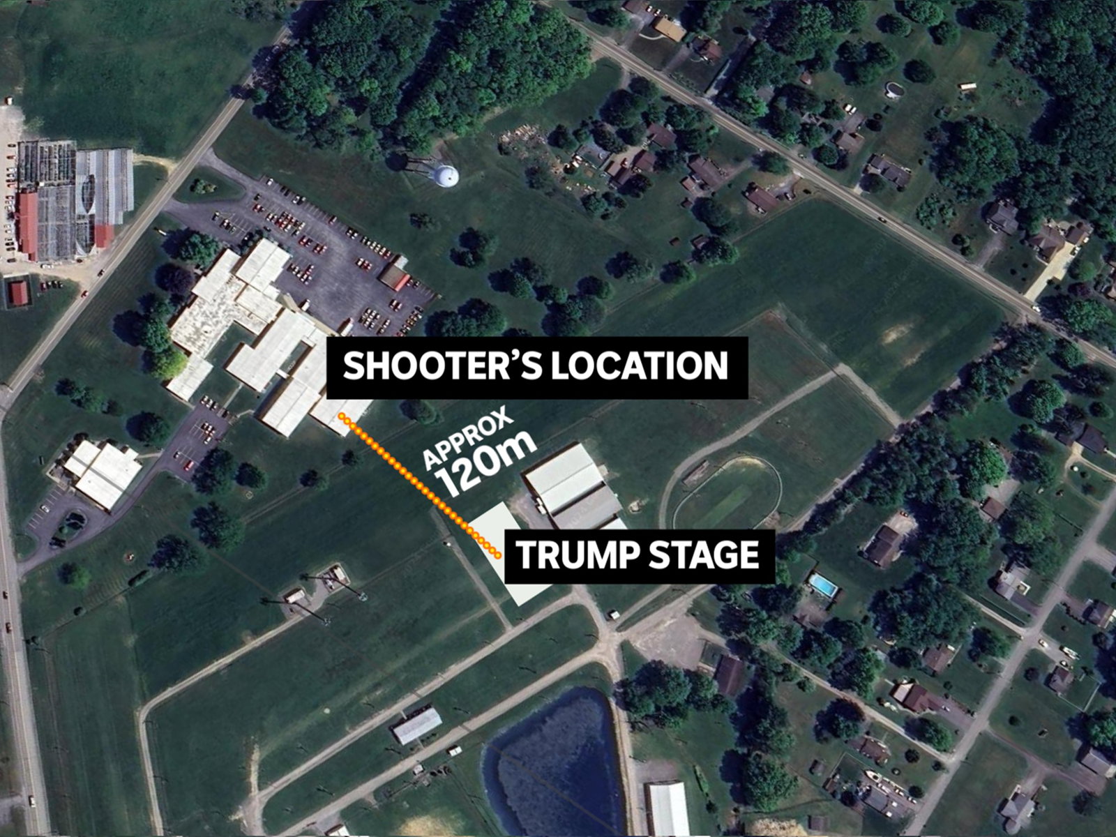 A map shows the location of the building from which the shooter fired, compared to the Trump rally stage.