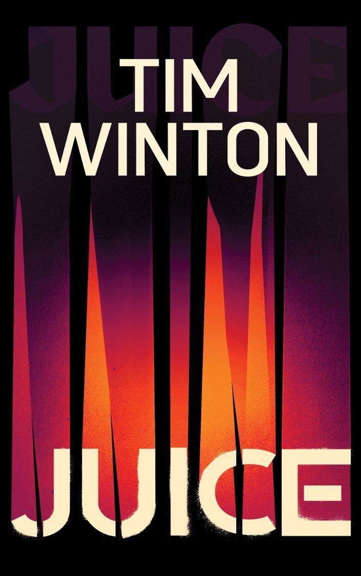 A book cover with a black background and purple and orange abstract patterns.