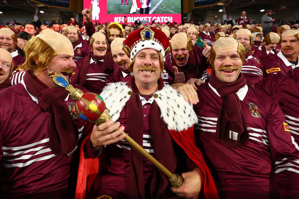 People dressed as Wally Lewis in the crowd at State of Origin.