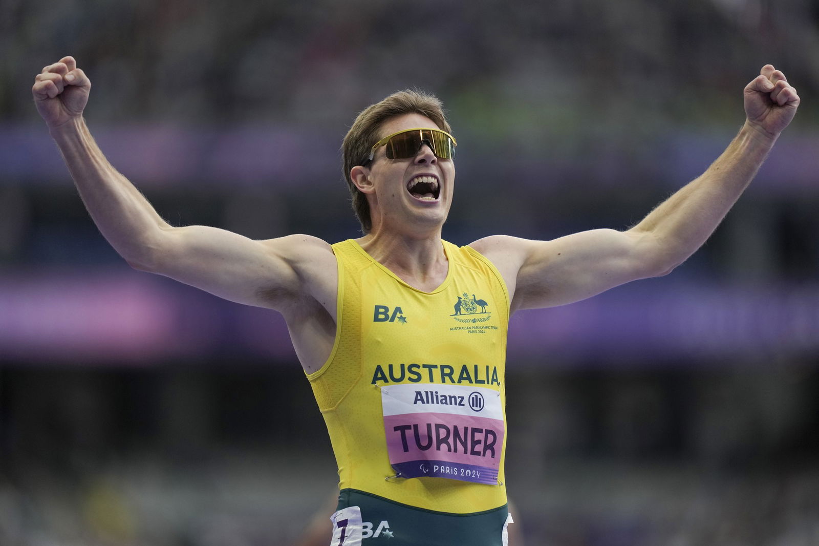 Australia's James Turner celebrates after his win in the men's 400m T36 final in Paris.