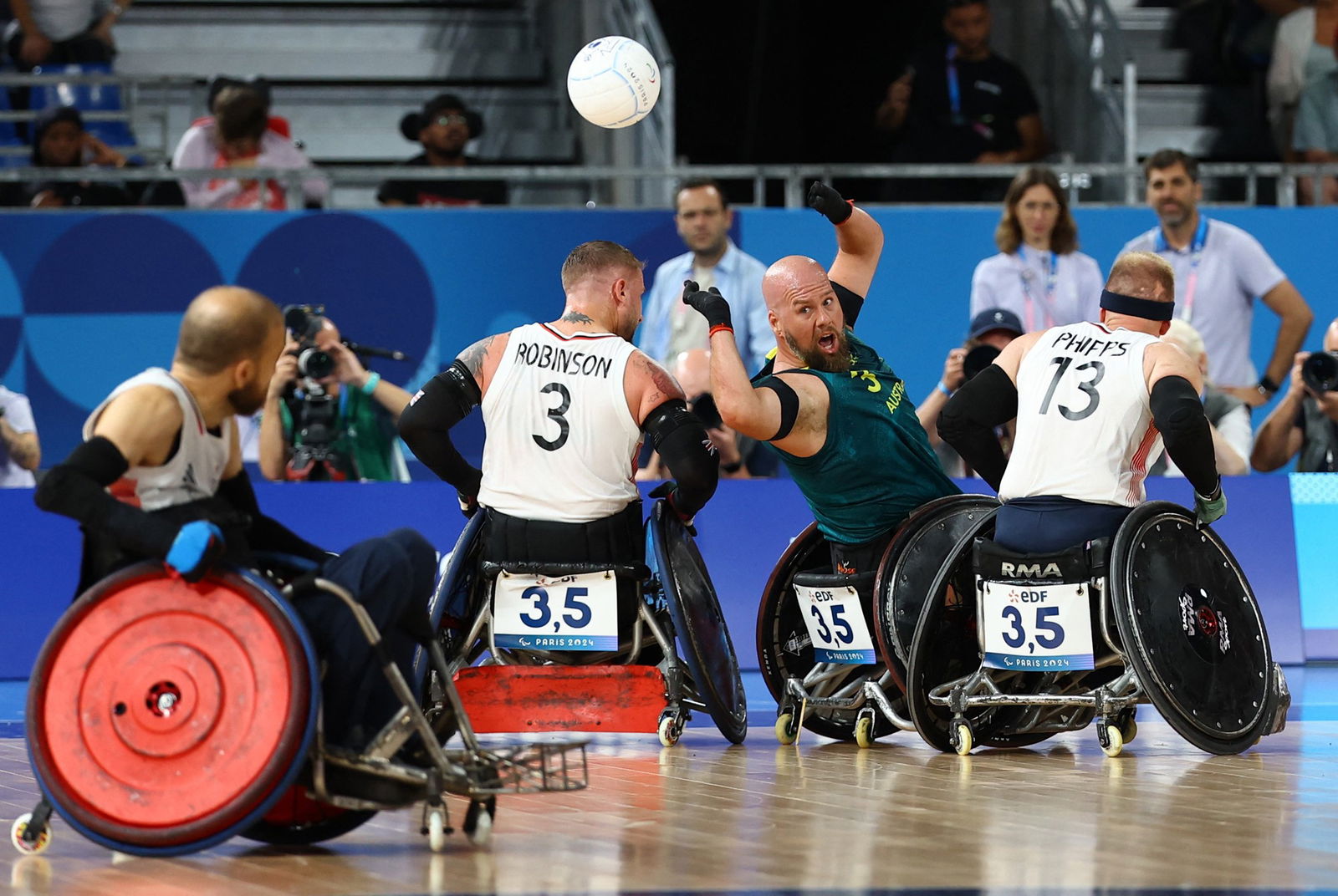 Australia playing Great Britain in Paralympic wheelchair rugby.