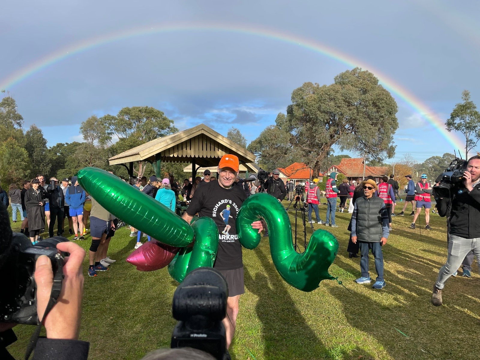 Man holdoing ballons in a park with people, rainbow behind him
