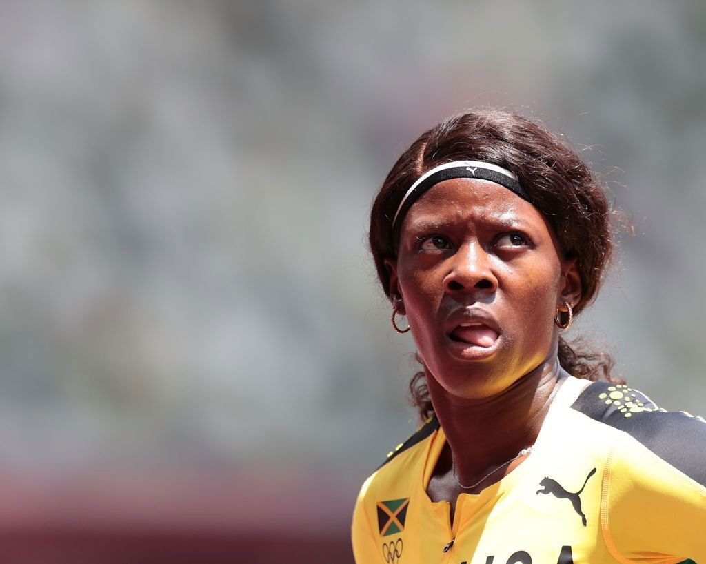 Shericka Jackson looks displeased at the Tokyo Olympics.