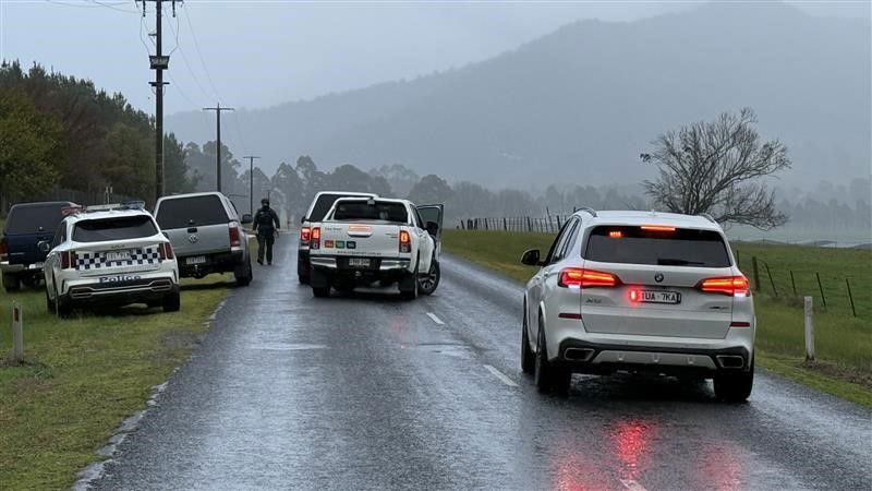 A pile of cars block a foggy road. 